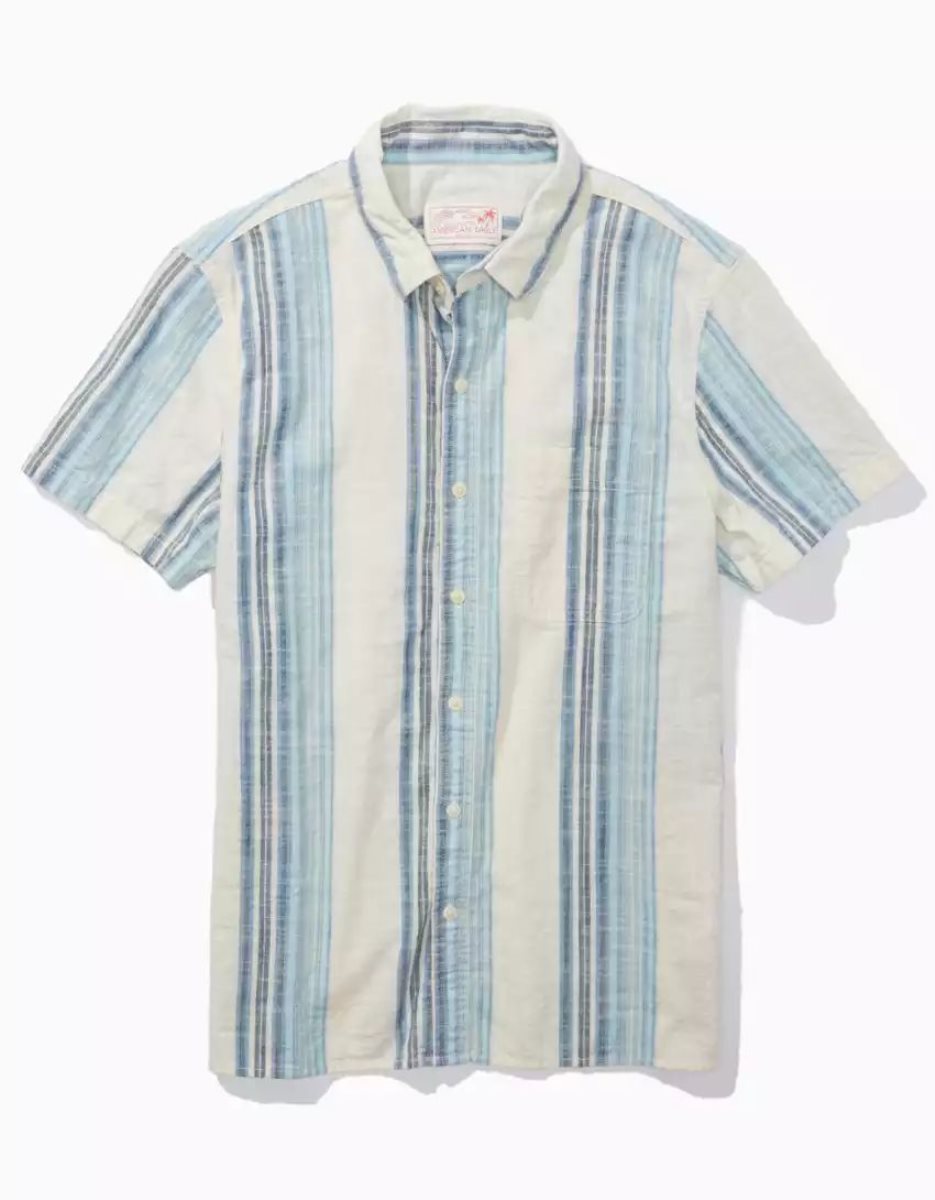 Hauts Flanelle American Eagle AE Rayé Button-Up Resort Shirt Bleu Clair Homme | HKY-02288527